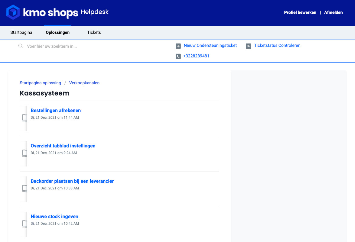 kassa software help desk KMO Shops screenshot